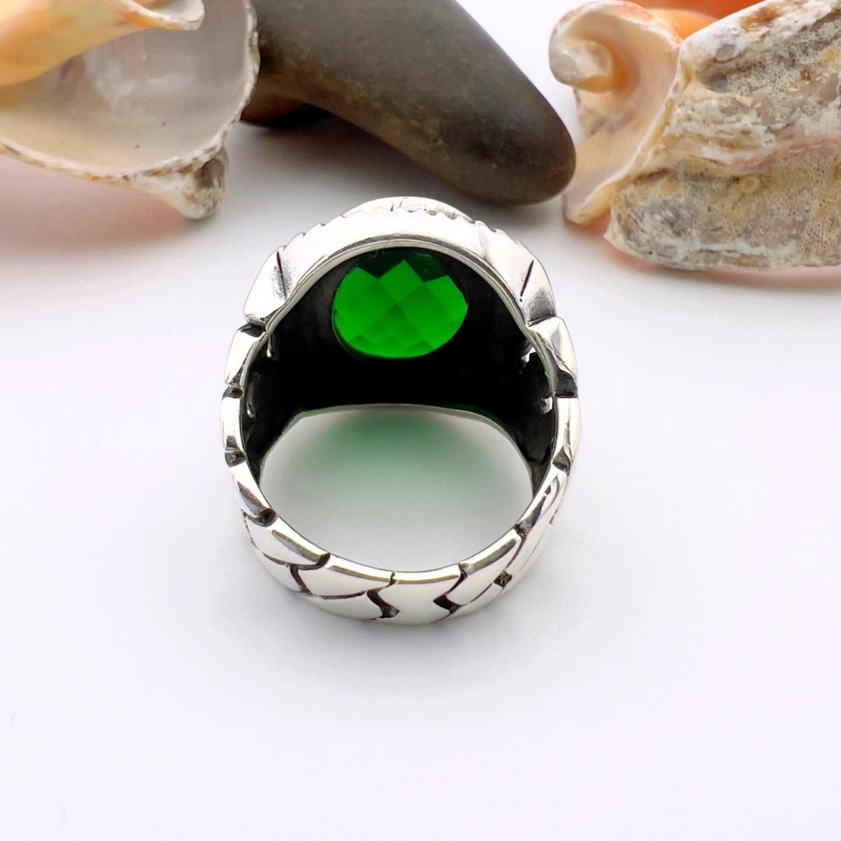 Green Oval Emerald Stone Men's Silver Ring