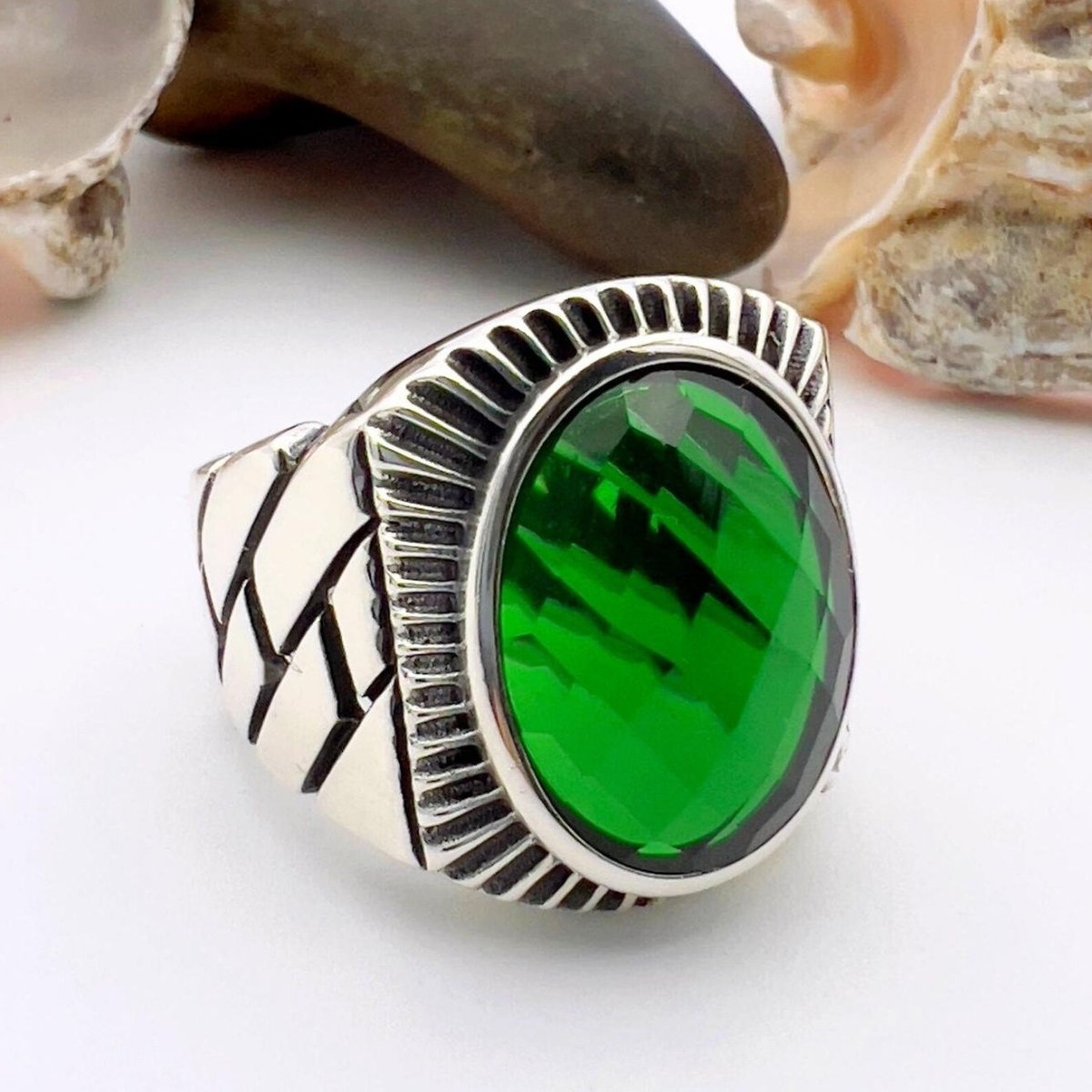 Green Oval Emerald Stone Men's Silver Ring