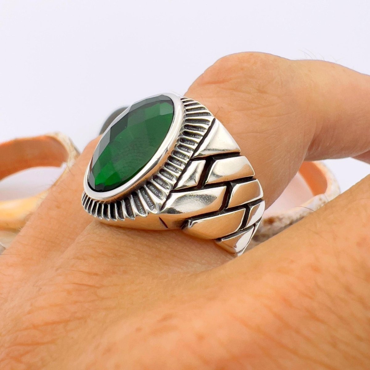 Green Oval Emerald Stone Men's Silver Ring