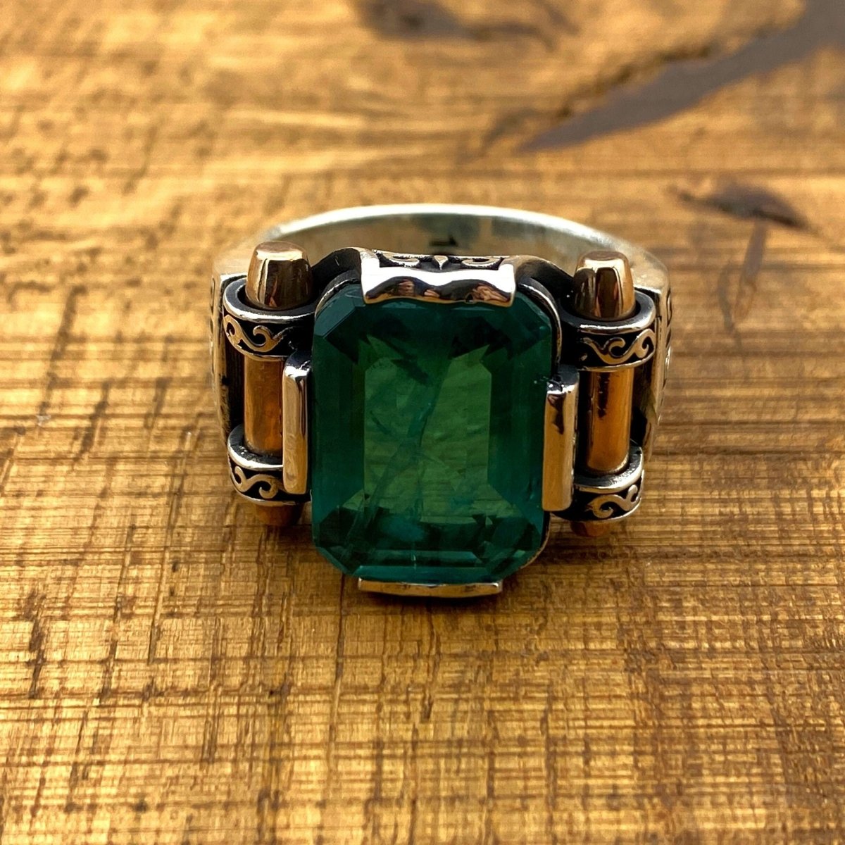 Green Tourmaline Stone Silver Men's Ring