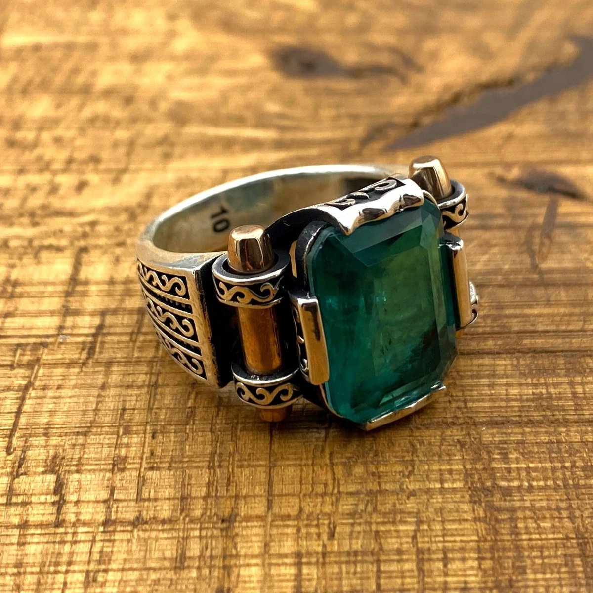 Green Tourmaline Stone Silver Men's Ring