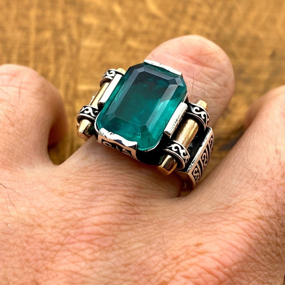 Green Tourmaline Stone Silver Men's Ring