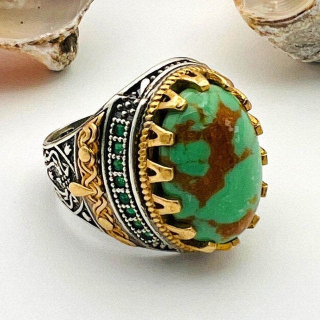 Green Turquoise Oval Stone Men's Ring