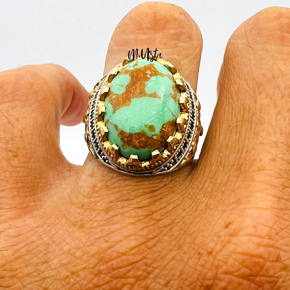 Green Turquoise Oval Stone Men's Ring