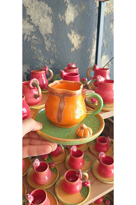 Gul Nakkas Premium Double Turkish Coffee Cup - Pumpkin Design - 1 Piece - TryAladdin