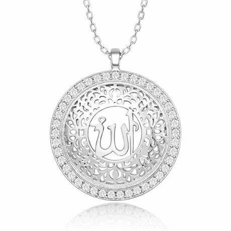 Necklace - Sterling Silver Allah Calligraphy Medallion with Zirconia