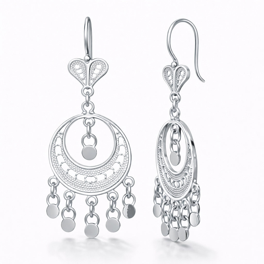Sterling Silver Filigree Dangle Earrings - Crescent Moon Chandelier