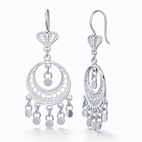 Sterling Silver Filigree Dangle Earrings - Crescent Moon Chandelier
