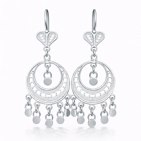 Sterling Silver Filigree Dangle Earrings - Crescent Moon Chandelier