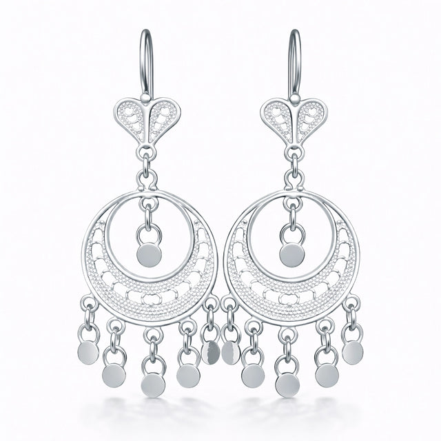 Sterling Silver Filigree Dangle Earrings - Crescent Moon Chandelier