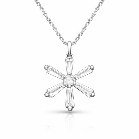 Necklace - Sterling Silver Baguette & Round Zirconia Snowflake Pendant