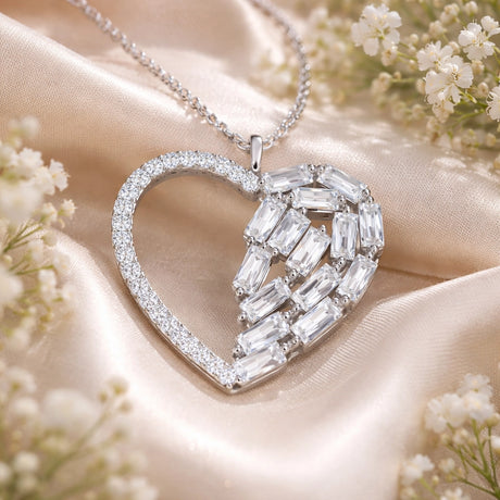 Sterling Silver Heart Necklace - Mixed Baguette & Round Zirconia