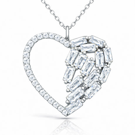 Sterling Silver Heart Necklace - Mixed Baguette & Round Zirconia