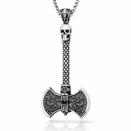Men's Sterling Silver Skull Axe Necklace - Viking Celtic Knot Design