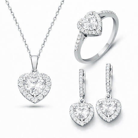 Sterling Silver Heart Halo Jewelry Set - Dazzling Zirconia Stones