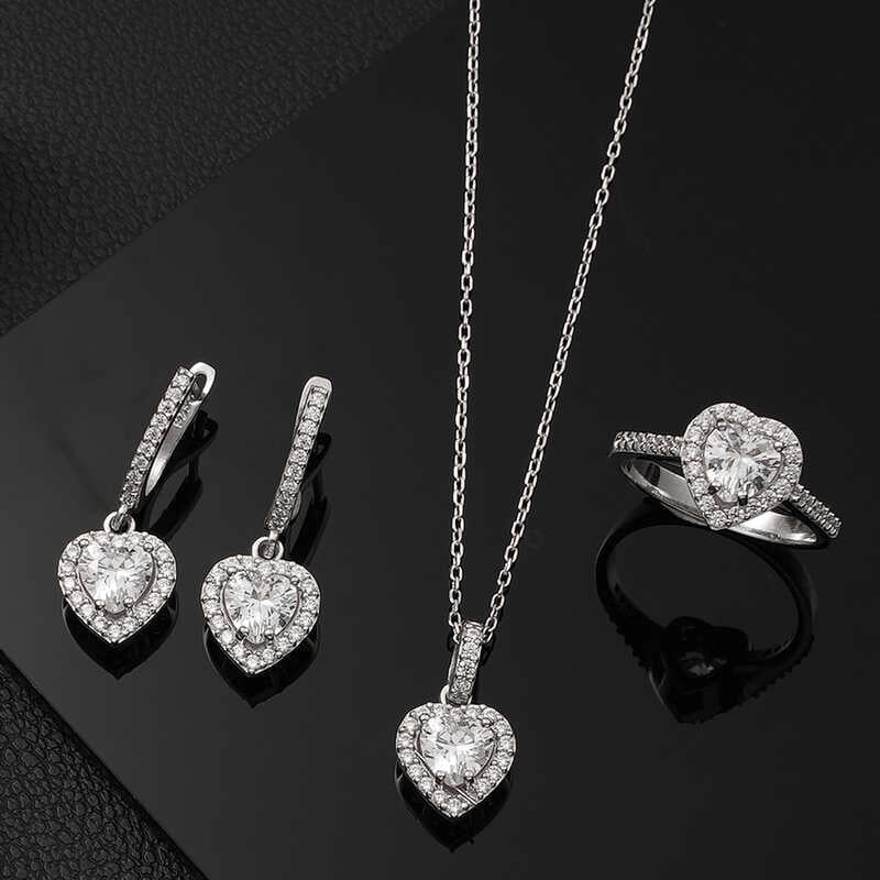 Sterling Silver Heart Halo Jewelry Set - Dazzling Zirconia Stones