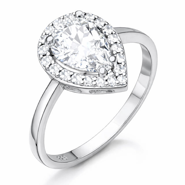 Sterling Silver Halo Ring - Elegant Pear-Cut Cubic Zirconia