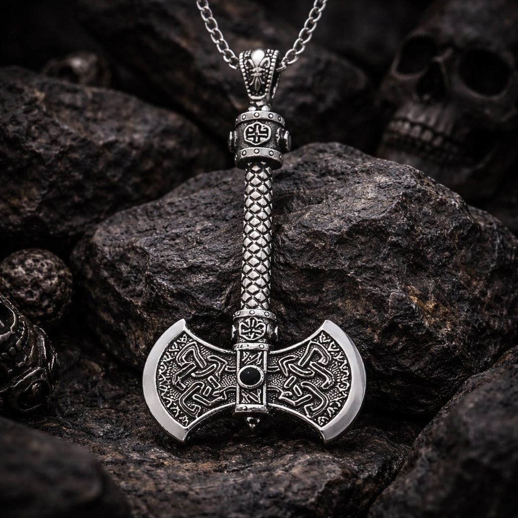 Viking Double Axe Pendant Necklace - Silver-Tone Celtic Knot Design