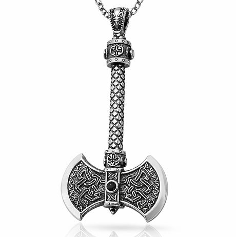 Viking Double Axe Pendant Necklace - Silver-Tone Celtic Knot Design