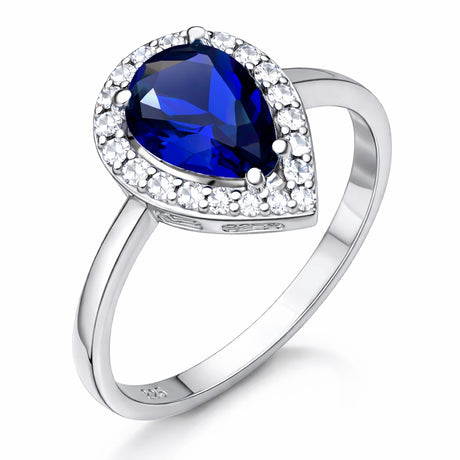 Sterling Silver Pear-Cut Sapphire Ring with Dazzling Zirconia Halo