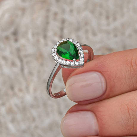 Sterling Silver Ring - Pear Emerald & Brilliant CZ Halo Design