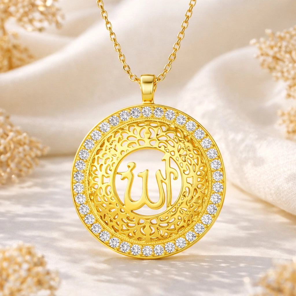 Necklace - Gold-Plated Allah Calligraphy Pendant with Sparkling Stones