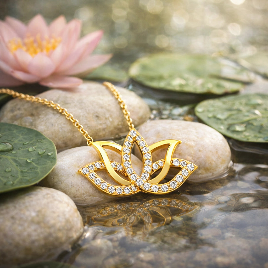 Gold-Tone Lotus Flower Necklace - Sparkling Simulated Diamond Pendant