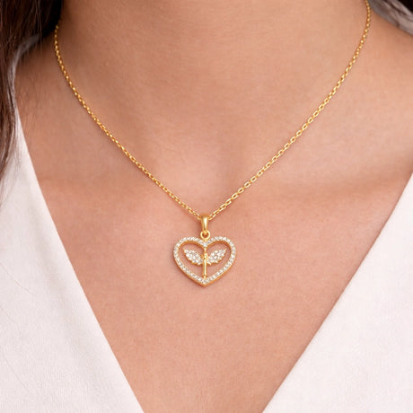 Necklace - Gold-Tone Sparkling Pave Zircon Angel Heart Pendant