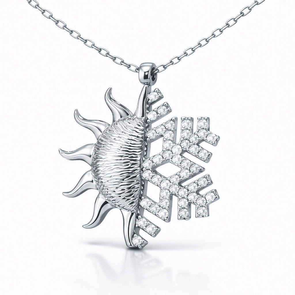 Sterling Silver Sun & Snowflake Necklace - Dual-Design Zirconia Pendant