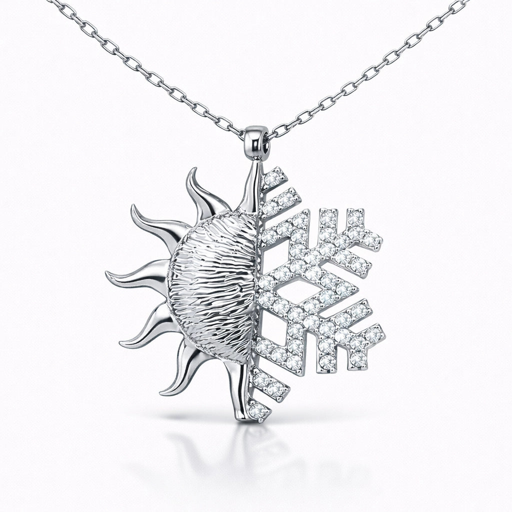 Sterling Silver Sun & Snowflake Necklace - Dual-Design Zirconia Pendant
