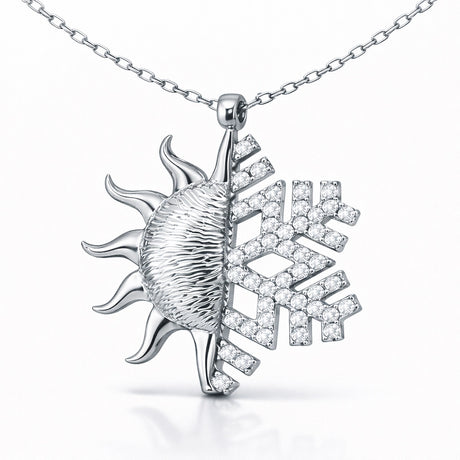 Sterling Silver Sun & Snowflake Necklace - Dual-Design Zirconia Pendant