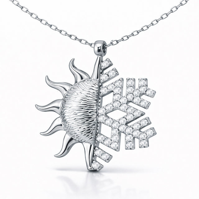 Sterling Silver Sun & Snowflake Necklace - Dual-Design Zirconia Pendant