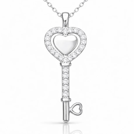 Sterling Silver Heart Key Pendant Necklace - Dazzling Cubic Zirconia