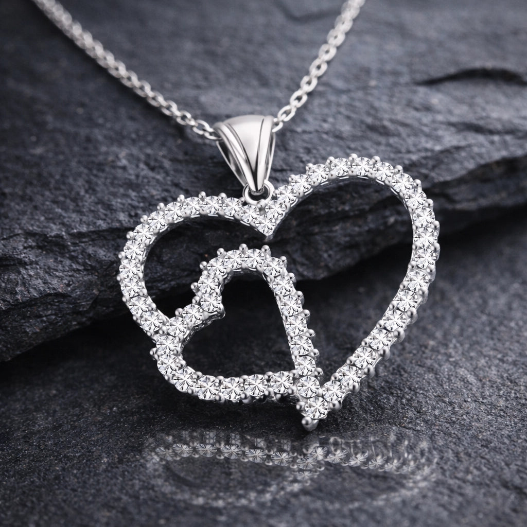 Necklace - Sterling Silver Sparkling Double Heart Pendant