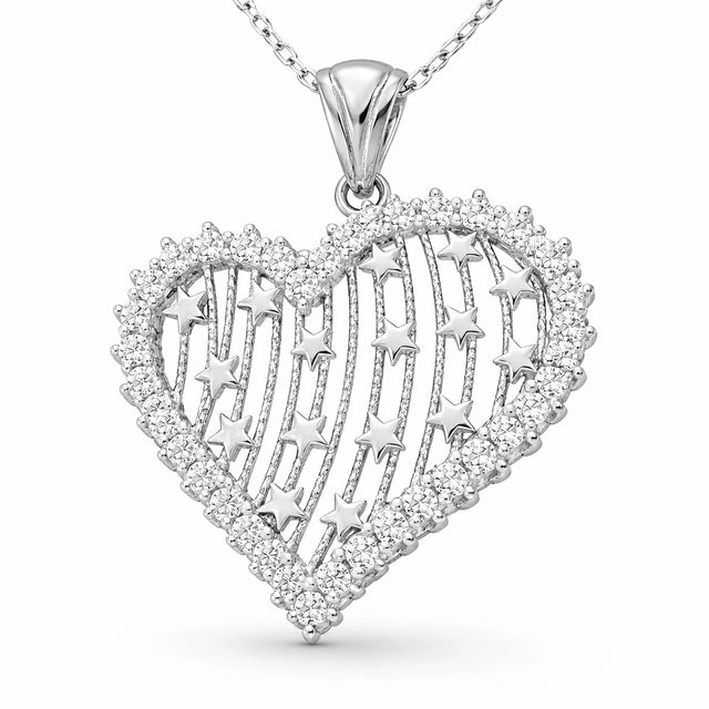 Sterling Silver Heart Necklace - Dazzling Star-Filled Pendant with Clear Stones
