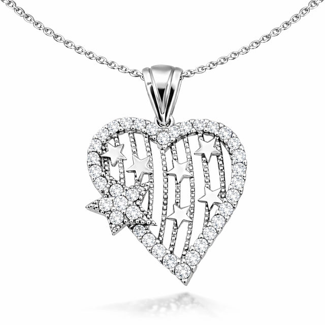 Sterling Silver Heart & Star Pendant Necklace - Dazzling CZ Design