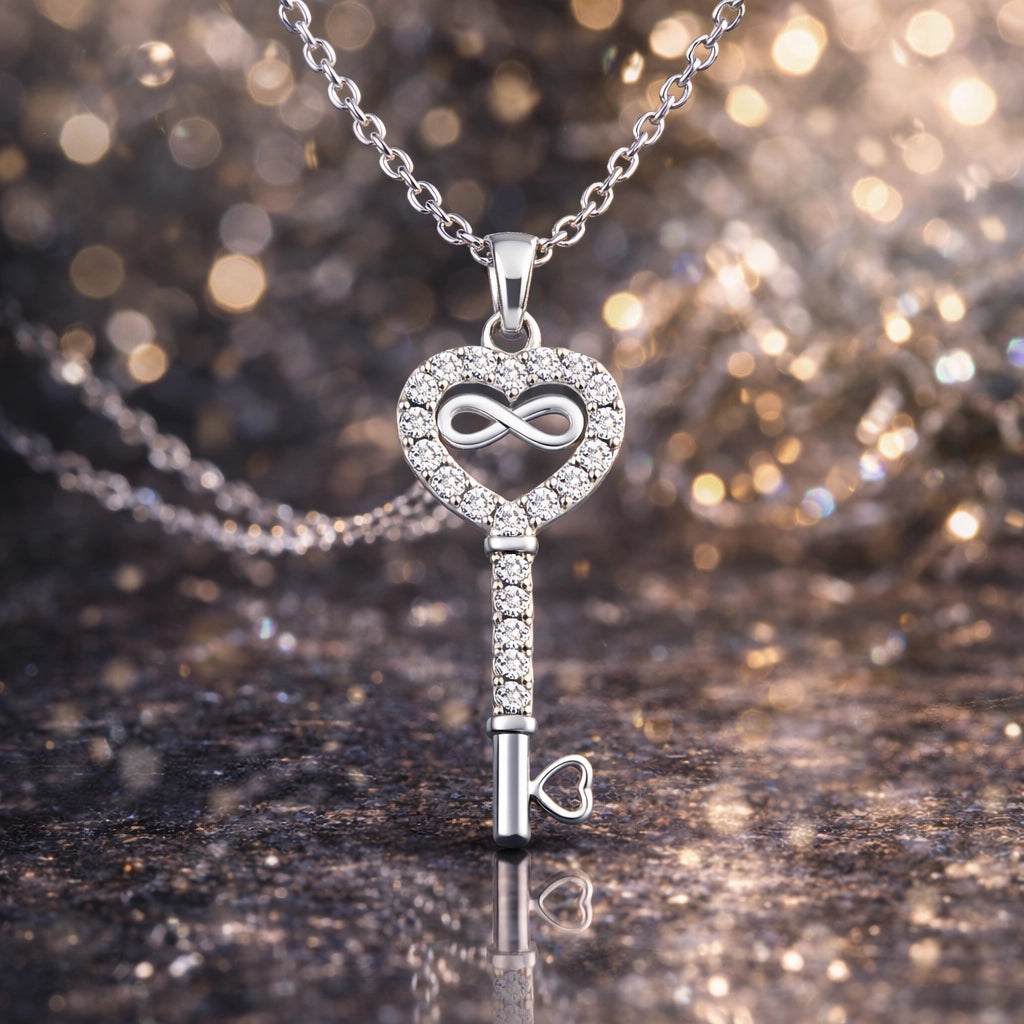 Collier élégant en argent sterling avec cœur en zirconia et clé infini