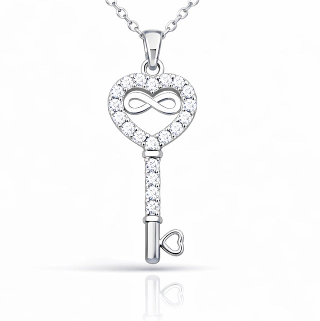 Elegant Sterling Silver Zirconia Heart Infinity Key Necklace