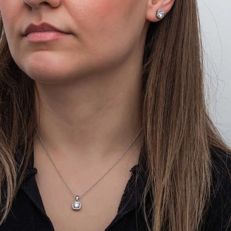 Sterling Silver Cushion Halo Jewelry Set - Sparkling Diamond Simulant