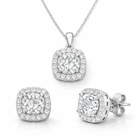 Sterling Silver Cushion Halo Jewelry Set - Sparkling Diamond Simulant
