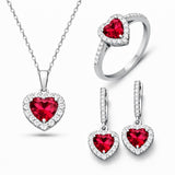 Sterling Silver Ruby Heart Halo Jewelry Set - Elegant Dainty