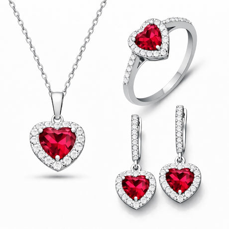 Sterling Silver Ruby Heart Halo Jewelry Set - Elegant Dainty