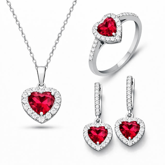 Sterling Silver Ruby Heart Halo Jewelry Set - Elegant Dainty