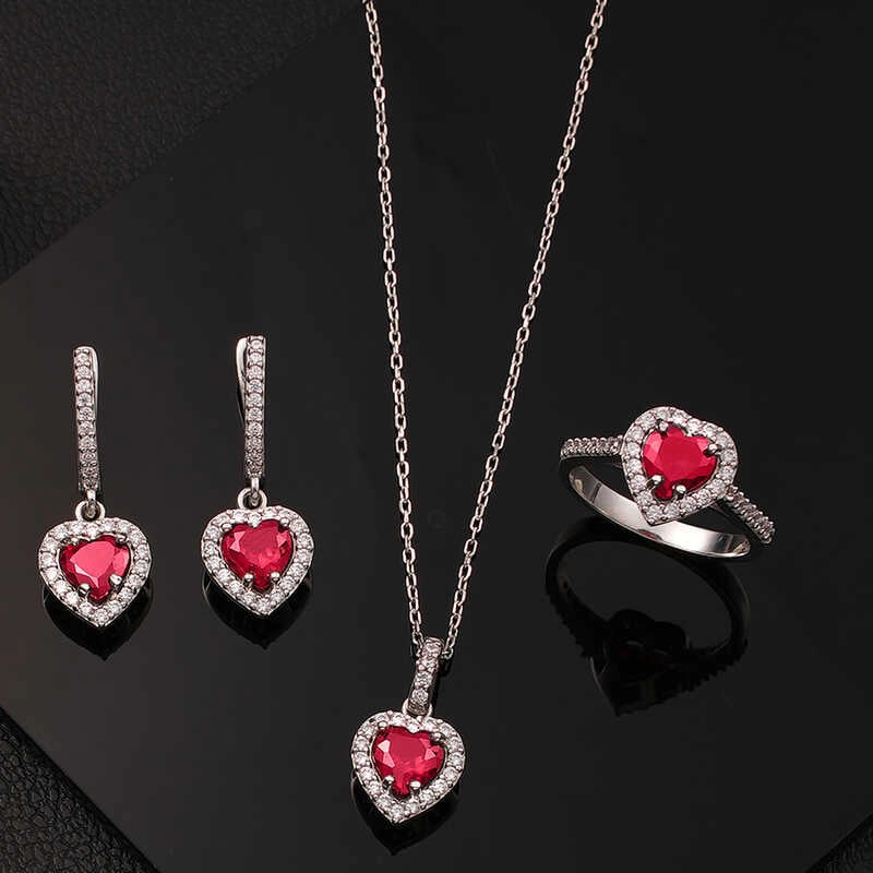 Sterling Silver Ruby Heart Halo Jewelry Set - Elegant Dainty