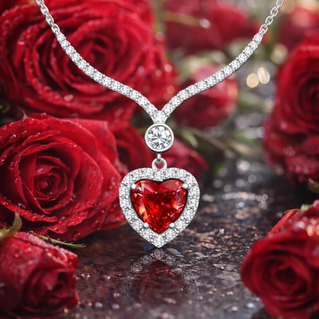 Necklace - Sterling Silver Red Heart Zircon Halo Pendant