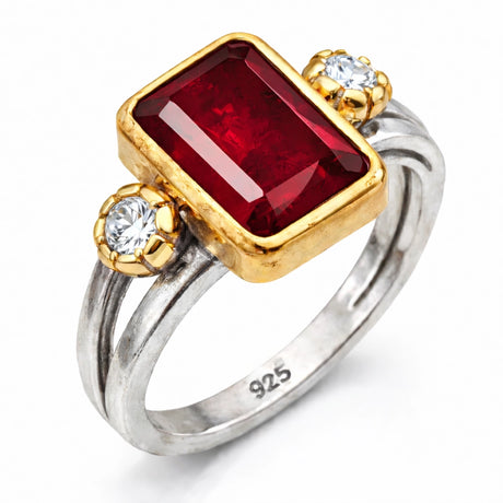 Sterling Silver & Gold-Tone Ring - Red Zircon Statement Design