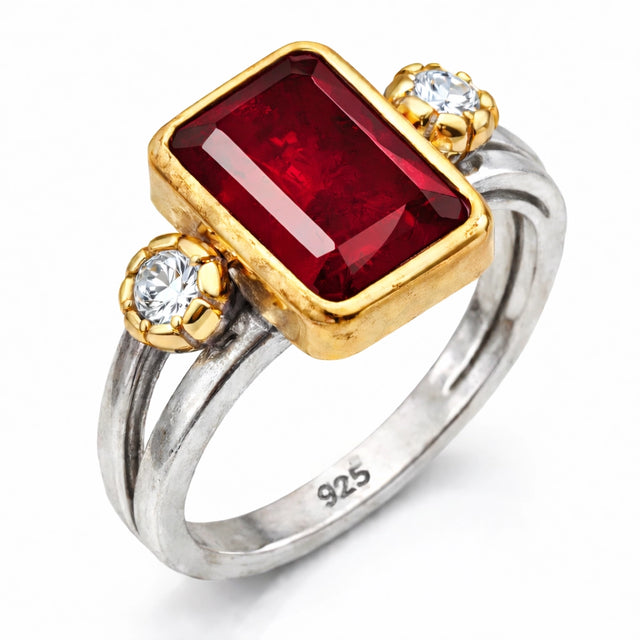 Sterling Silver & Gold-Tone Ring - Red Zircon Statement Design