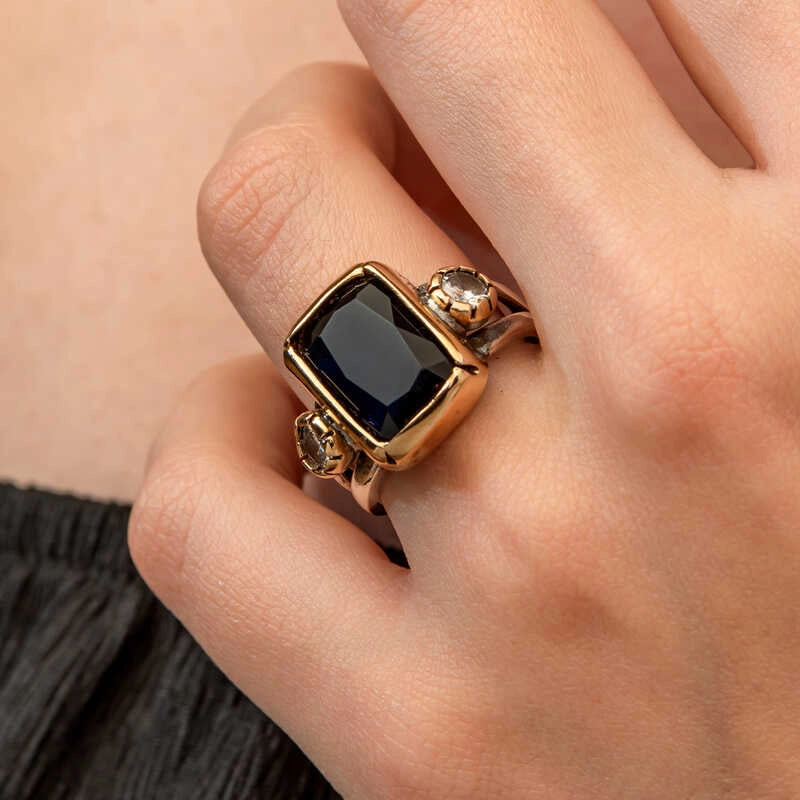 Ring - Two-Tone Dark Blue Zirconia Bezel Set Statement Ring