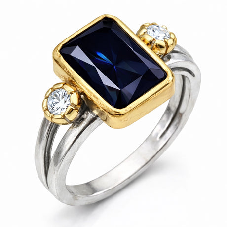 Ring - Two-Tone Dark Blue Zirconia Bezel Set Statement Ring