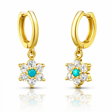 Gold Plated Hoop Earrings - Turquoise & Zirconia Floral Dangle